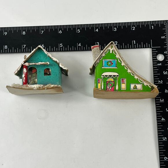 Vtg Japan Glitter House Ornaments Lot of 2 Cardboard Putz Style Christmas Decor - Picture 13 of 13